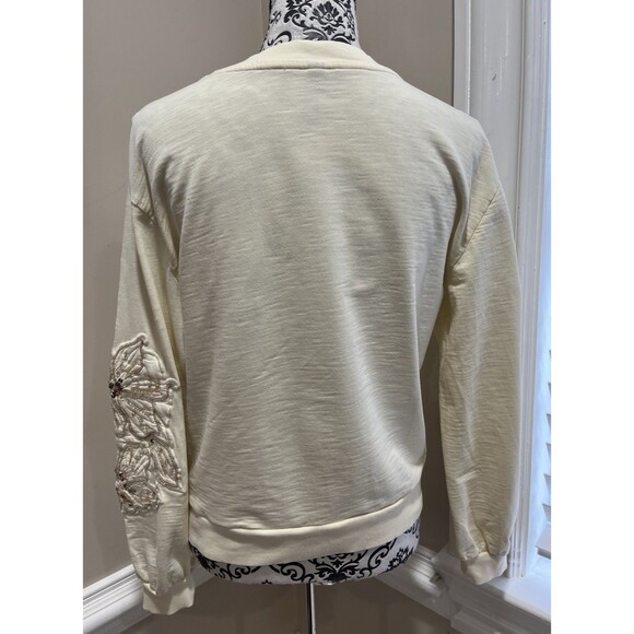 Anthropologie Floral Embroidery/Beaded Sweatshirt Womens S Beige Shimmer Holiday - Picture 6 of 14